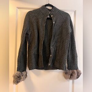 Saks Fifth Avenue Cable Knit Cardigan with Fur Trim - Charcoal, Petite Medium